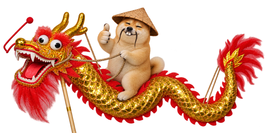 Supah Inu riding a golden dragon puppet